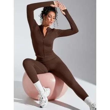 SUUKSESS Women 2 Piece Seamless Ribbed Workout Sets With Zip Up Jacket High Waisted Gym Yoga Leggings (Brown,XL)