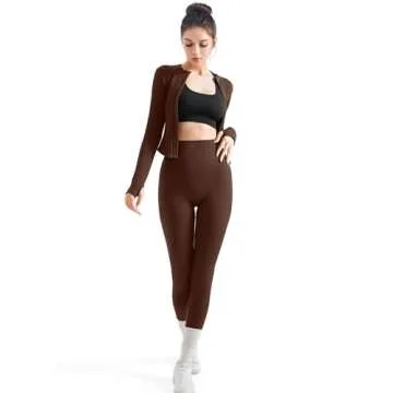 SUUKSESS Women 2 Piece Seamless Ribbed Workout Sets With Zip Up Jacket High Waisted Gym Yoga Leggings (Brown,XL)