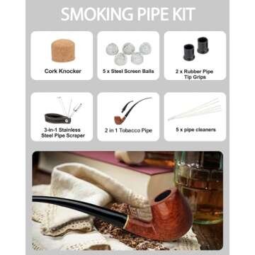 FIREDOG Tobacco Pipe Kit, 2-in-1 Churchwarden Tobacco Pipe with Pipe Cleaners, Pipe Scraper Holder, Pipe Bits, Metal Balls, Cork Knockers Accessories