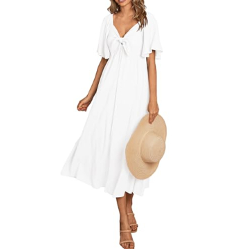 PRETTYGARDEN Summer Dress for Women 2025 Casual Short Sleeve Bow Tie V Neck Ruffle Midi Flowy Dresse...