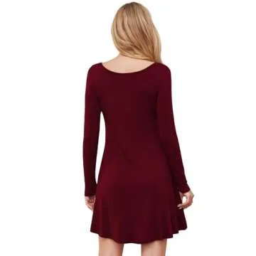 DEARCASE Women's T-Shirt Dress Wine Red Small V-Neck Spring Winter Casual Loose Long Sleeve Fall Wedding Guest Knee Length Jersey Flowy Stretch Solid A-Line Tunic Swing Sweater Tunic Dresses