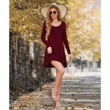 DEARCASE Women's T-Shirt Dress Wine Red Small V-Neck Spring Winter Casual Loose Long Sleeve Fall Wedding Guest Knee Length Jersey Flowy Stretch Solid A-Line Tunic Swing Sweater Tunic Dresses