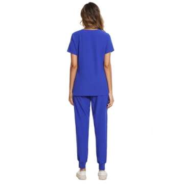 COZYFIT Scrubs for Women Set - Stretch V-Neck Scrub Top & Jogger Pant with 8 Pockets, Yoga Waistband, Anti Wrinkle, Slim Fit Women Scrubs - Blueberry, XS, Tall