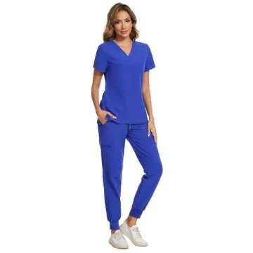 COZYFIT Scrubs for Women Set - Stretch V-Neck Scrub Top & Jogger Pant with 8 Pockets, Yoga Waistband, Anti Wrinkle, Slim Fit Women Scrubs - Blueberry, XS, Tall