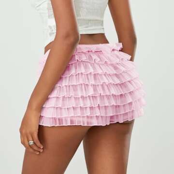 Women Lolita Lace Ruffled Layered Shorts Y2k Fairy Tiered Bloomers Pumpkin Party Festival Boy Shorts Pettipants (Lace Pink, L)