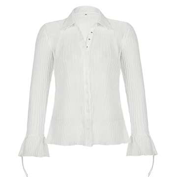 Women Sheer Button Up Blouse Sexy Collared Shirts Mesh Flare Sleeve Crop Top Y2k Streetwear White M
