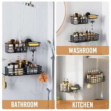 LEVERLOC Shower Caddy Suction Cup, 2 Pack Shelves for Inside with Hooks and Soap holder, NO-Drilling Bathroom Holder, Rustproof Meatl bathroom organizer, Black