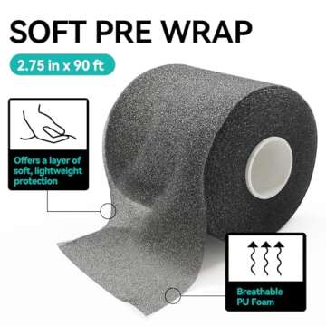 Dimora Pre Wrap Athletic, 4 Rolls Prewrap Headband for Hair, 120 Yards Foam Underwrap Athletic Tape, Best Padding for Underneath Sports Tape, 2.75 Inches x 30 Yards - Black