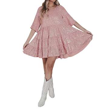 sshybmne Women Glitter Sparkle Sequin Dress Half Sleeves Round-Neck Tired Frill Loose Mini Dress Cocktail Party Club (Pink, XL)
