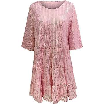 sshybmne Women Glitter Sparkle Sequin Dress Half Sleeves Round-Neck Tired Frill Loose Mini Dress Cocktail Party Club (Pink, XL)
