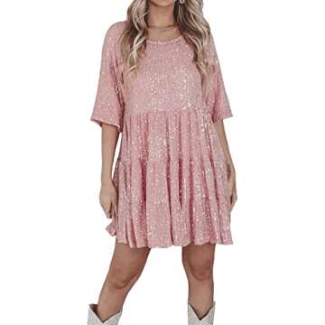 sshybmne Women Glitter Sparkle Sequin Dress Half Sleeves Round-Neck Tired Frill Loose Mini Dress Cocktail Party Club (Pink, XL)