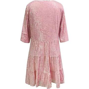 sshybmne Women Glitter Sparkle Sequin Dress Half Sleeves Round-Neck Tired Frill Loose Mini Dress Cocktail Party Club (Pink, XL)