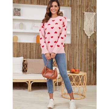 Gihuo Valentine Heart Sweater for Women Cute Kawaii Casual Crewneck Long Sleeve Knitted Pullover Sweaters(Pink-L)