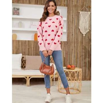 Gihuo Valentine Heart Sweater for Women Cute Kawaii Casual Crewneck Long Sleeve Knitted Pullover Sweaters(Pink-L)