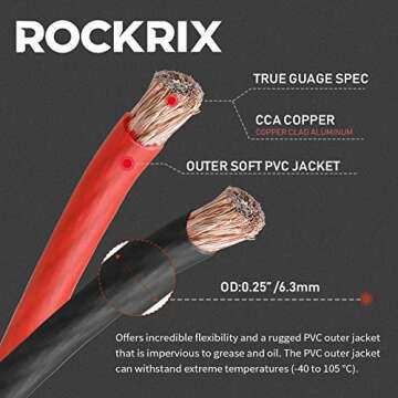 ROCKRIX 8 Gauge 25ft Black and 25ft RED Car Audio Power Ground Soft Touch Wire Cable Set