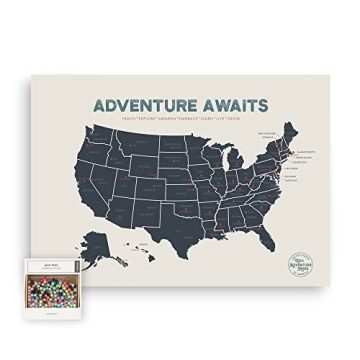 Epic Adventure Maps - USA State Travel Adventure Map Poster - Includes Push Pins - Beige / 24 x 17 I...