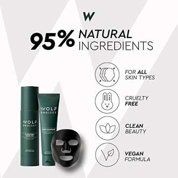 Wolf Project Men Skin Care Kit - Advanced Skin Care Set - Anti-Aging Face Moisturizer Gel Cream, Hydrating Charcoal Face Sheet Mask, Charcoal Face Cleanser - 3-Pack Mens Facial Care Kit
