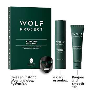Wolf Project Men Skin Care Kit - Advanced Skin Care Set - Anti-Aging Face Moisturizer Gel Cream, Hydrating Charcoal Face Sheet Mask, Charcoal Face Cleanser - 3-Pack Mens Facial Care Kit