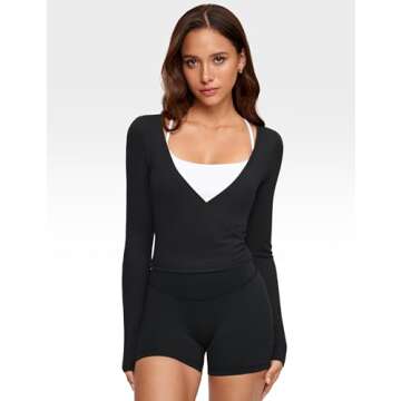 INGIA Womens V-Neck Long Sleeve Cross Wrap Top Slim Fit Soft Knit Layering Shirt Casual Yoga Gym Bandage Tie Tops Black Small