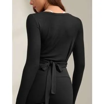 INGIA Womens V-Neck Long Sleeve Cross Wrap Top Slim Fit Soft Knit Layering Shirt Casual Yoga Gym Bandage Tie Tops Black Small