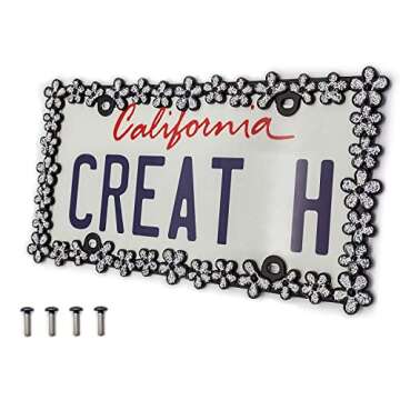 Creathome 3D Shining Daisy Wrenth License Plate Frame from Pure Zinc Alloy Metal Perfect Plate Holder,Matt Black with Silver Glitter
