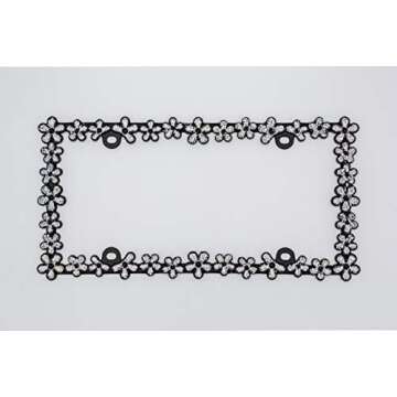 Creathome 3D Shining Daisy Wrenth License Plate Frame from Pure Zinc Alloy Metal Perfect Plate Holder,Matt Black with Silver Glitter