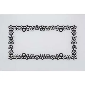 Creathome 3D Shining Daisy Wrenth License Plate Frame from Pure Zinc Alloy Metal Perfect Plate Holder,Matt Black with Silver Glitter