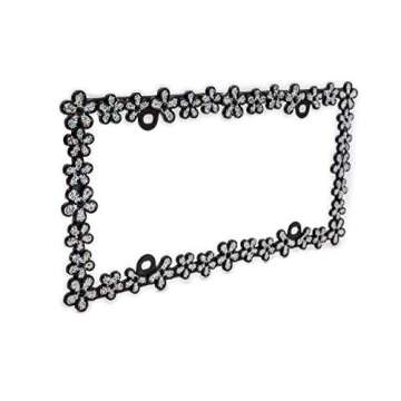 Creathome 3D Shining Daisy Wrenth License Plate Frame from Pure Zinc Alloy Metal Perfect Plate Holder,Matt Black with Silver Glitter