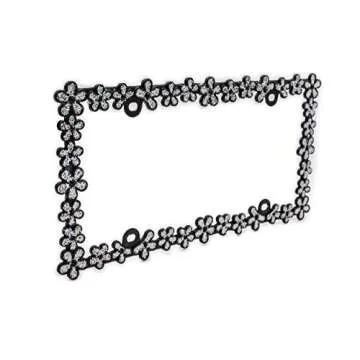 Creathome 3D Shining Daisy Wrenth License Plate Frame from Pure Zinc Alloy Metal Perfect Plate Holder,Matt Black with Silver Glitter