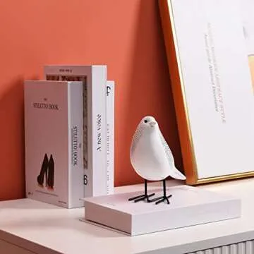 Quoowiit Bird Figurine, Modern Sculpture and Statues for Home Decor, Animal Statues for Bookshelf, Table, Entryway, Fireplace, Resin Decorative Sculpture with Chic Polka Dots Art Design (White)