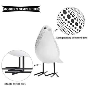 Quoowiit Bird Figurine, Modern Sculpture and Statues for Home Decor, Animal Statues for Bookshelf, Table, Entryway, Fireplace, Resin Decorative Sculpture with Chic Polka Dots Art Design (White)