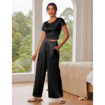 Ekouaer Women's 2 Piece Lounge Sets Short Sleeve Pajama Set Ribbed Knit Crop Top Wide Leg Pants Loungewear,Black,L