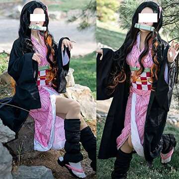 Kamado Cosplay Costume Outfit Kimono with Hairwear and Bamboo(SuitB,55in/140cm)