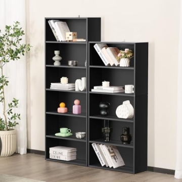Sweetcrispy Industrial 6 Shelf Bookcase - Large 63 Inch Tall Floor Standing Open Bookshelf for Home Office, Living Room, and Bedroom Storage, Classic Black