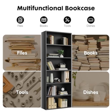 Sweetcrispy Industrial 6 Shelf Bookcase - Large 63 Inch Tall Floor Standing Open Bookshelf for Home Office, Living Room, and Bedroom Storage, Classic Black