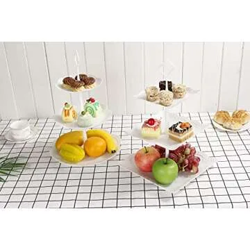 2 Set 3-Tier White Dessert Cake Stand, Plastic Pastry Stand Small Cupcake Stand Cookie Tray Rack Candy Buffet Set Up Fruit Plate and Trays for Wedding Home Birthday Party Decor Serving Platter
