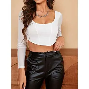 Long Sleeve Going Out Top - Asymmetrical Crop Tops for Women Square Neck Sexy Mesh Shirt White Small