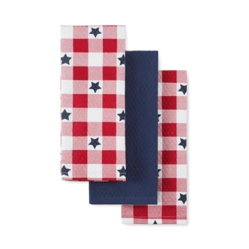 Martha Stewart Americana Star Gingham Holiday Kitchen Towels 3-Pack Set, 100% Cotton, Absorbent, Pat...