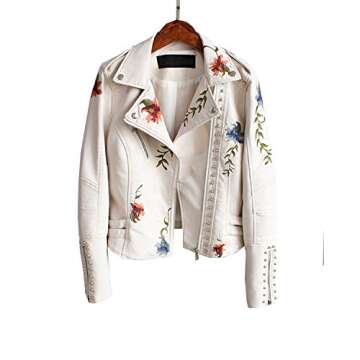 Women's Floral Embroidered Faux Leather Moto PU Jacket Coat (XL, Beige)