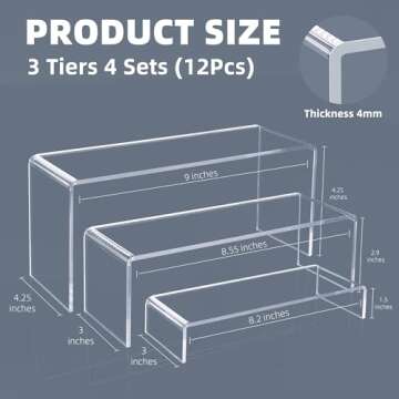 Goabroa 12 Pcs Clear Acrylic Risers Display Stands, 3 Tiers 4mm Thick Transparent Acrylic Shelves Ideal for Collectibles Stand, Party Cake Dessert Holder, Floating Visual Pop Figure Display Shelves
