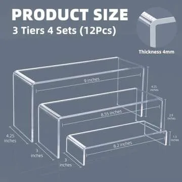 Goabroa 12 Pcs Clear Acrylic Risers Display Stands, 3 Tiers 4mm Thick Transparent Acrylic Shelves Ideal for Collectibles Stand, Party Cake Dessert Holder, Floating Visual Pop Figure Display Shelves