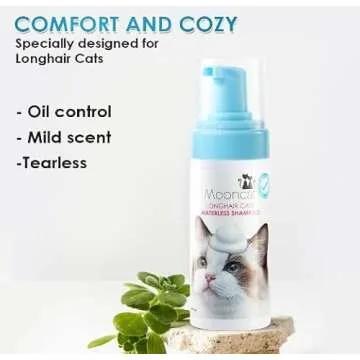 Mooncat Waterless Cat Shampoo and Brush Kit - No Rinse Foam Bath for Long Hair Cats - Grooming for Sensitive Skin, Detangling, Paraben-Free, pH Balanced - Licking Safe (5 oz)