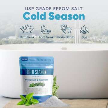 Cold Season Bath Salt 32 Ounces (2 Lbs) USP Grade Epsom Salt with Natural Rosemary and Peppermint Pure Essential Oils Plus Vitamin C in BPA Free Pouch with Easy Press Lock Seal Made in USA