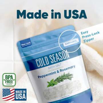 Cold Season Bath Salt 32 Ounces (2 Lbs) USP Grade Epsom Salt with Natural Rosemary and Peppermint Pure Essential Oils Plus Vitamin C in BPA Free Pouch with Easy Press Lock Seal Made in USA
