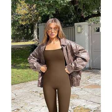OQQ Women's Yoga Workout Ribbed Square Neck Sleeveless Tank Top Exercise JumpSuit, Coffee, Medium