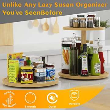 Lazy Susan Organizer Homerays 10 Inch Non-Skid Bamboo Lazy Susan for Kitchen Rotating Spice Rack for Kitchen Cabinet, Wood Turntable for Kitchen Countertop Organizer