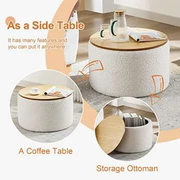 ONEVOG Large Ottoman Round Storage Ottoman with Wooden Lid, Living Room Round End Table No Assembly Required, Durable Boucle Fabric, Multipurpose End Table Support 300lbs