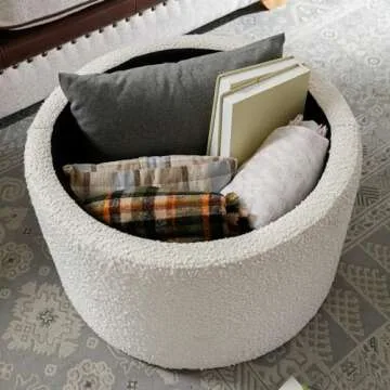 ONEVOG Large Ottoman Round Storage Ottoman with Wooden Lid, Living Room Round End Table No Assembly Required, Durable Boucle Fabric, Multipurpose End Table Support 300lbs