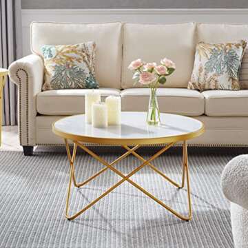 KithKasa Modern Round Glass Coffee Table with Gold Cross Metal Frame, 32" Round Central Table for Li...