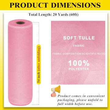 54" by 20 Yards Tulle Fabric Rolls Pink Tulle Ribbon Tutu Spool Bolt for DIY Wedding Decoration Baby Shower Tutu Skirt Gift Wrapping Large Matte Tulle, Roll Packaging (Pink)